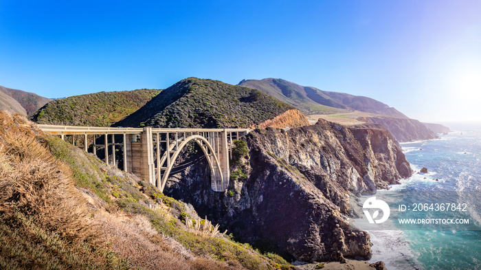 Bixby Creek bridge at the Pacific highway, California, USA. A landmark bridge on highway 1, the most