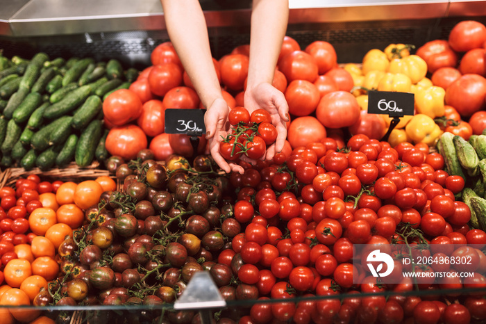 现代超市里拿着西红柿和各种蔬菜的特写卖家