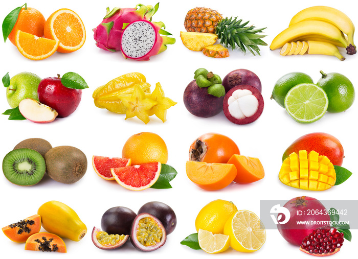 Collection fruits on white background