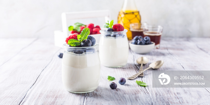 Natural yoghurt with berries on light gray background. Copy space. Healthy breakfast concept.