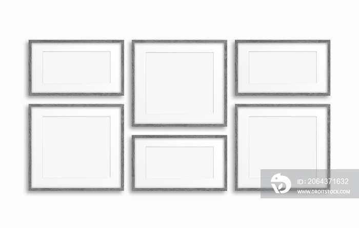 Collage of six blank photo frames, interiors mock up