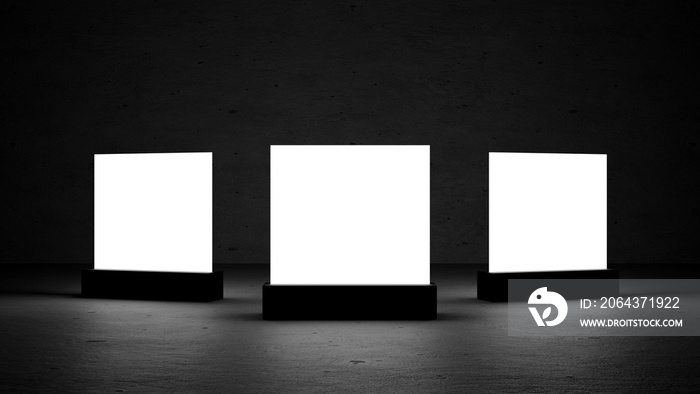 Illustration triple white square light in the dark room. Abstract illustration. Modern minimal archi