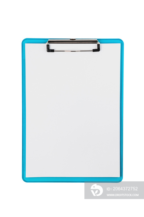 One plastic blue color clipboard with glossy metal binder with blank paper sheets isolated on white 