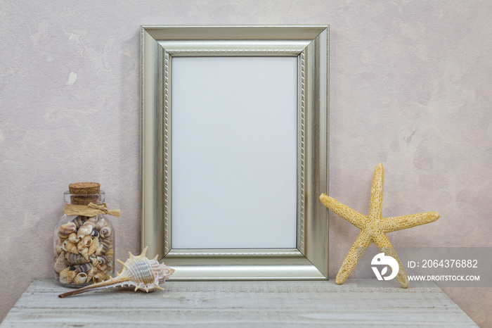 Silver Frame Mockup with with seashells against pink textured wall for spring, summer, sea, seashore