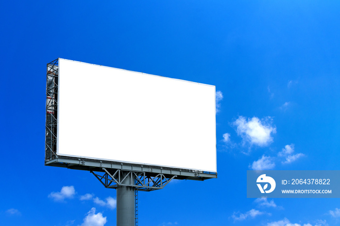 Blank billboard mockup with white screen against clouds and blue sky background. Copy space banner f