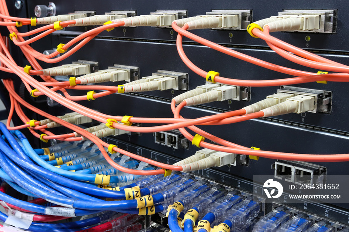 cable network, fiber optic cable connect to switch port in server room ,Concept network management