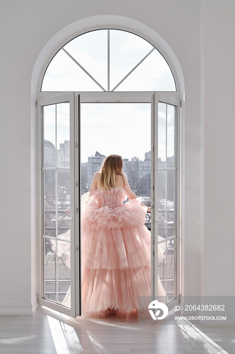 一个女孩穿着一件美丽的、郁郁葱葱的、布满灰尘的玫瑰色长裙，站在一扇敞开的窗户附近。复古新娘