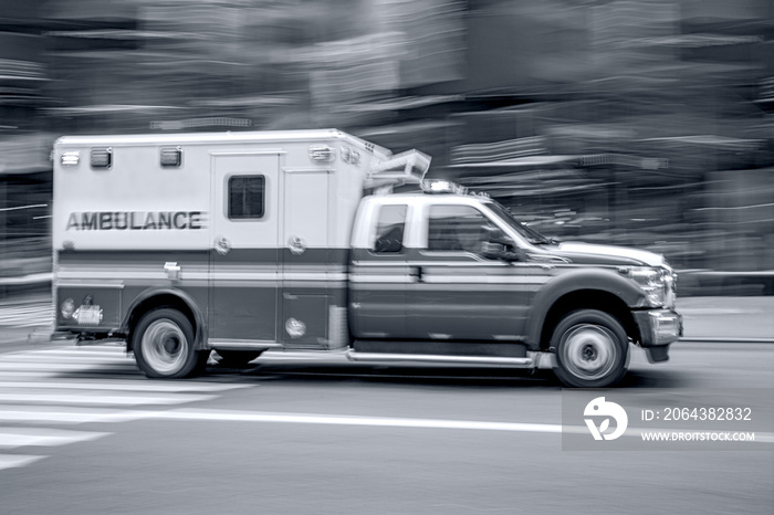 ambulance on emergency car in monochrome blue tonality