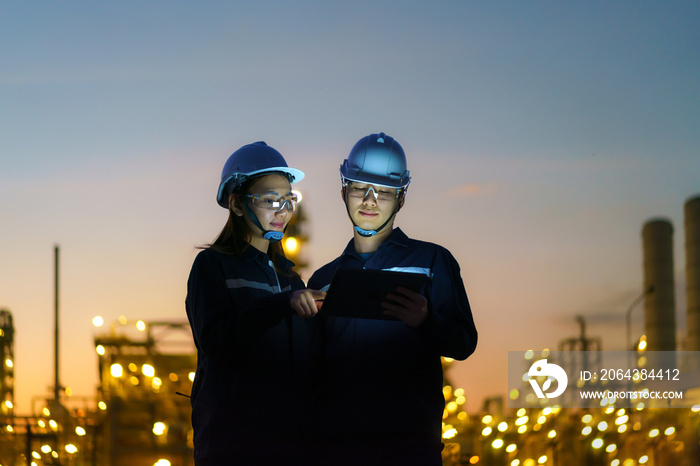 Asian engineers, man and woman are checking the maintenance of the oil refinery factory at night via