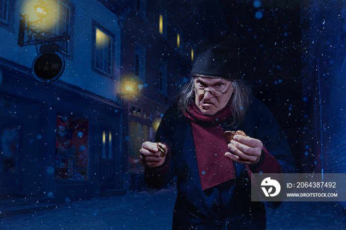 Scrooge walking under the snow with gold coins in his hands