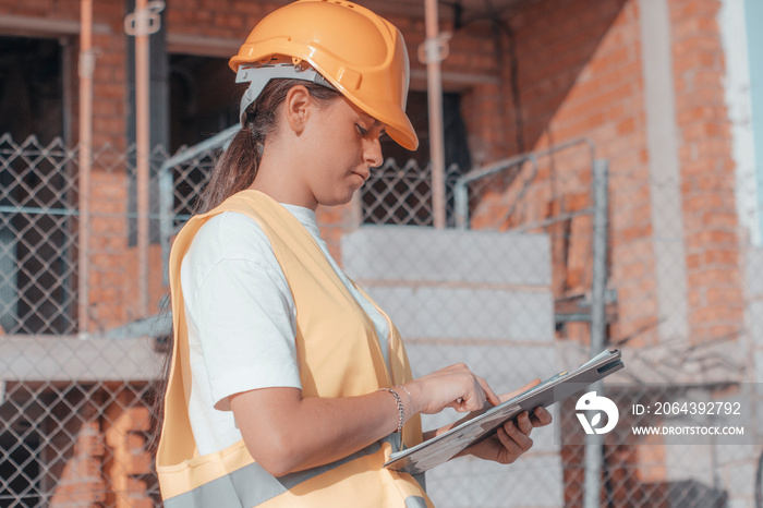 Mujer joven ingeniera de obra con casco de seguridad revisando su teléfono móvil las maquetas e idea