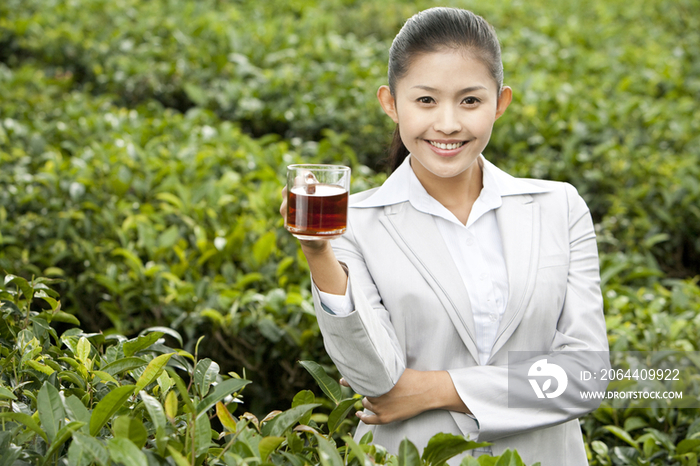 商务女士在茶园喝茶