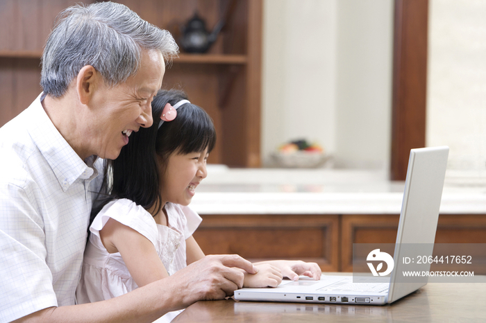 东方祖父和孙女一起用电脑
