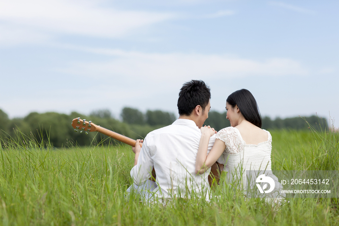 草地上的年轻情侣弹奏吉他