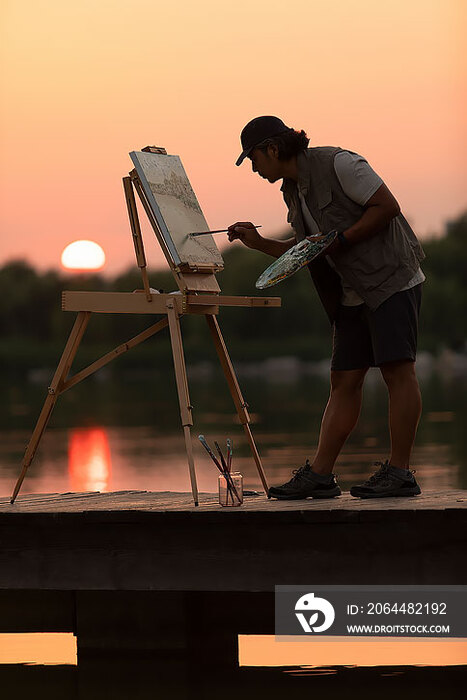 中老年男子在公园油画写生