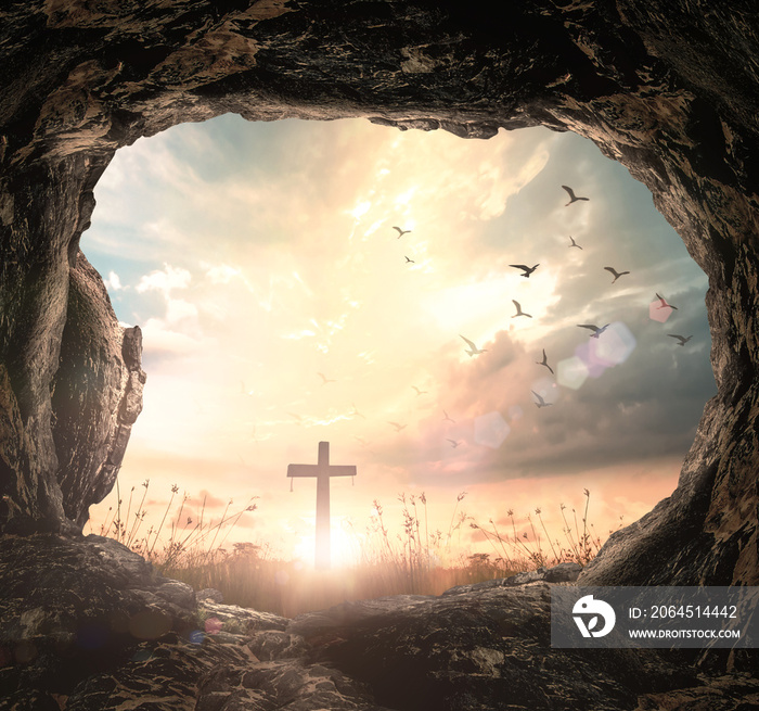 Resurrection of Easter Sunday concept: Empty tomb with cross symbol for Jesus Christ is risen