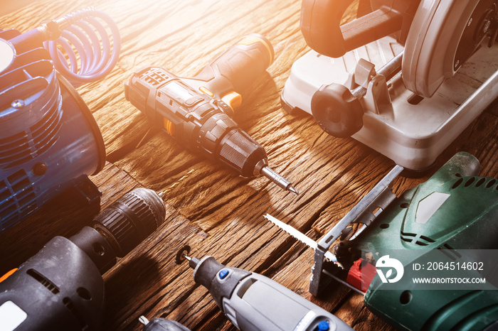 Power Tools On Wooden Desk