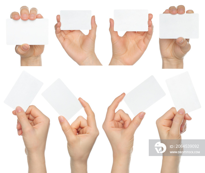 Hands hold business cards collage on white background .