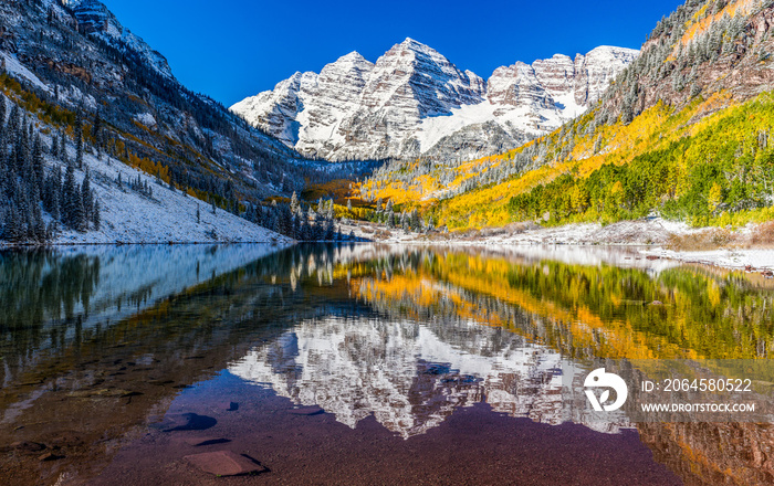 winter and Fall foliage in Maroon Bells, Aspen, CO