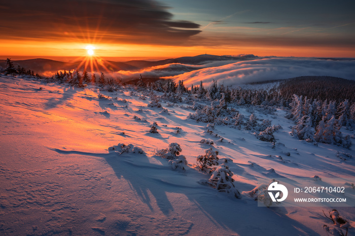 Beautiful  winter landscape and sky on mountains. Pure nature around Jeseníky - Czech Republic - Eur