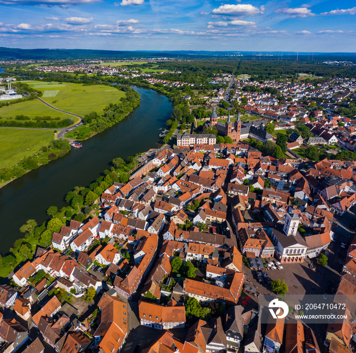 Aerial view of the old town of the city Seligenstadt in Germany on a sunny day in spring.	