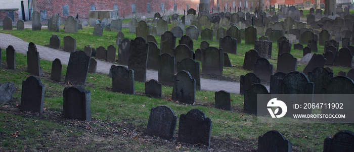 Boston graveyard old panorama photo. Massachusetts, USA