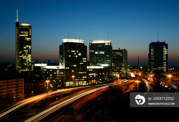 skyline city essen NRW germany at evening highway light streaks long exposure