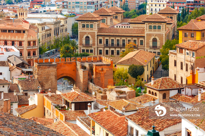 View from the observation deck Mirador de la Lona of the old town, Triumphal Square and the city gat