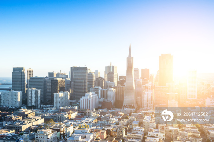 cityscape and skyline of san francisco at sunrise