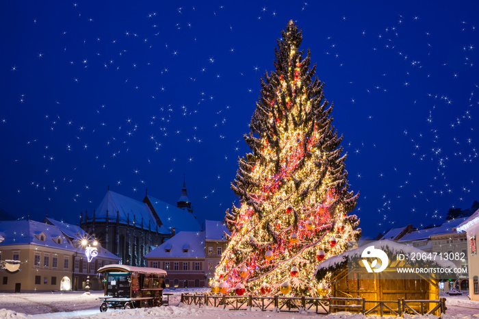 罗马尼亚布拉索夫市中心户外城镇广场上装饰着圣诞树的圣诞场景
