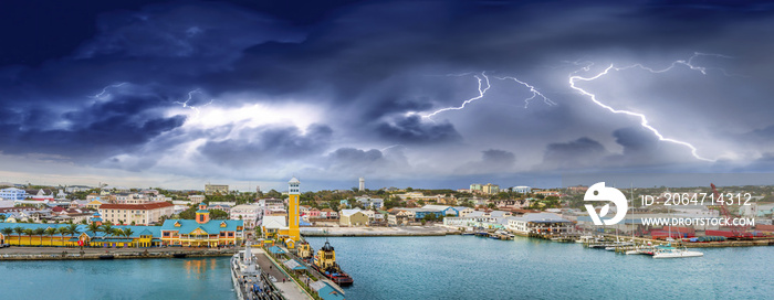 Amazing panoramic view of Nassau skyline with thunderstorm approaching, Bahamas