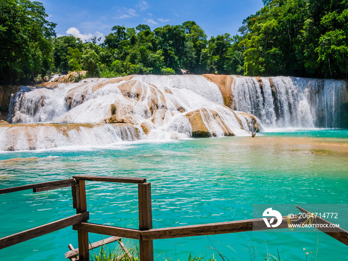 Amazing view of Agua Azul waterfalls in the lush rainforest of Chiapas, Mexico  