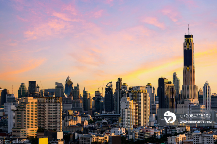 cityscape of Bangkok city skyline with sunset sky background, Bangkok city is modern metropolis of T