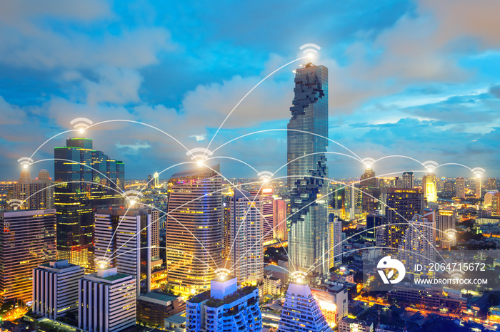 Wifi icon and city scape and network connection concept, Smart city and wireless communication netwo
