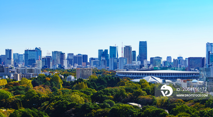 新国立競技場　国立競技場　風景　日本　東京　オリンピック　スタジアム　都市風景　快晴　青空　鳥瞰図