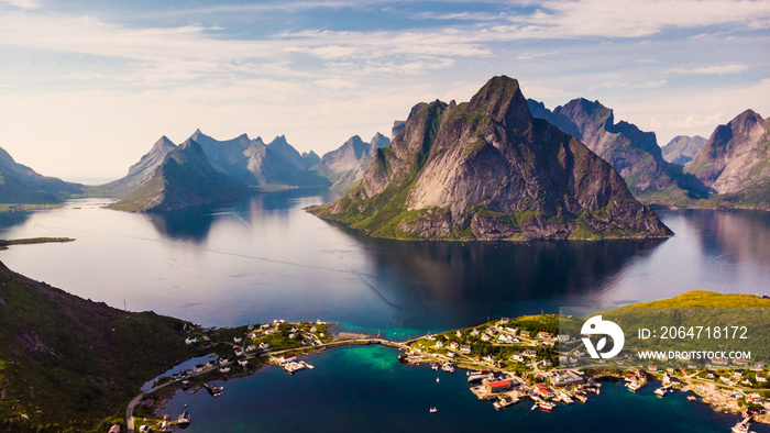 Fjord and mountains landscape. Lofoten islands Norway