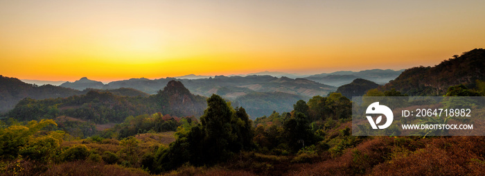 Panoramic view of beautiful sunrise over mountain landscape in Mae Hong Son , Thailand.