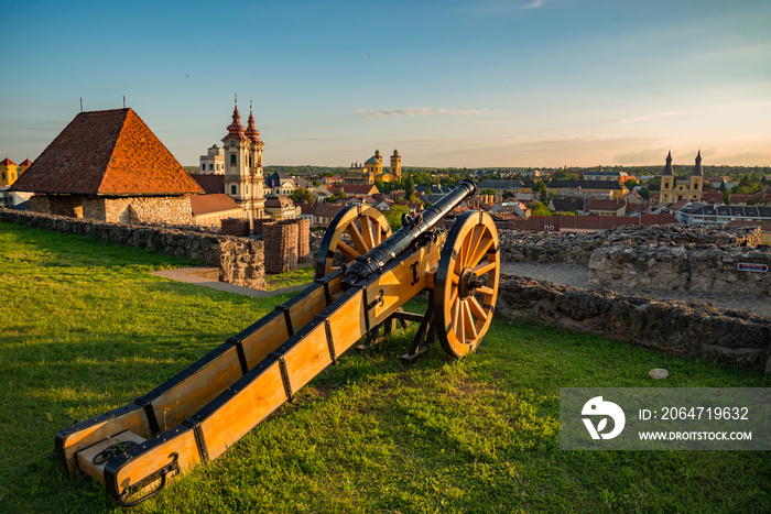 Landscape of Eger from Castle with a 17th century cannon