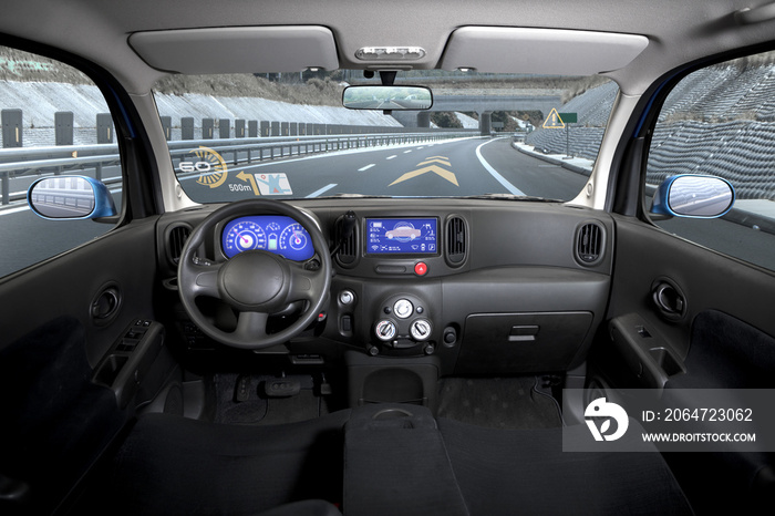 empty cockpit of vehicle, HUD(Head Up Display) and digital speedometer