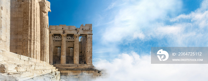 The entrance to Acropolis (Propylaea) with columns, Athens, Greece, panoramic mock-up with space for