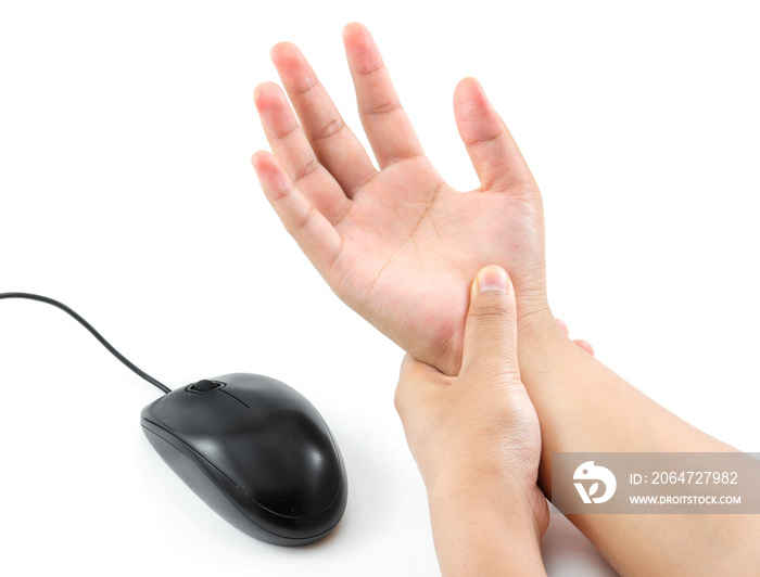 women hand pain from mouse isolate on white