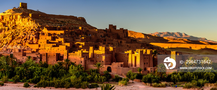 Sunset at the Aït Benhaddou. It is a fortified village along the former caravan route between the Sa
