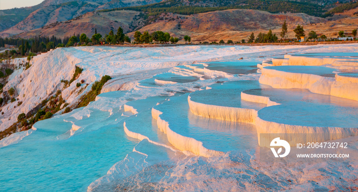 Natural travertine pools and terraces in Pamukkale. Cotton castle in southwestern Turkey