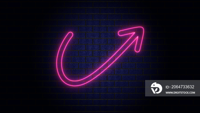 Arrow neon on brick wall. Realistic shining signboard. Glowing neon arrow pointer on brick wall back