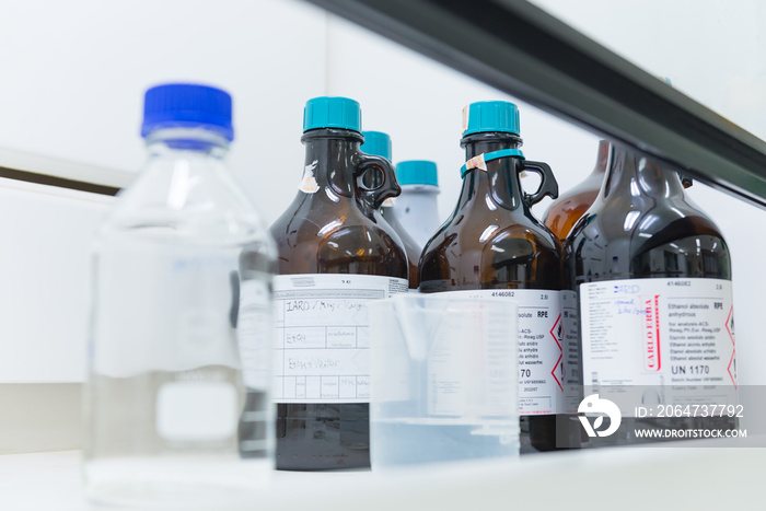 Chemicals used in experiments in the glass Cabinet at the lab