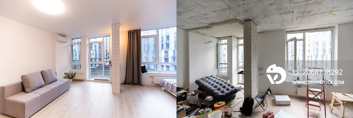 Comparison of a room in an apartment before and after renovation new house