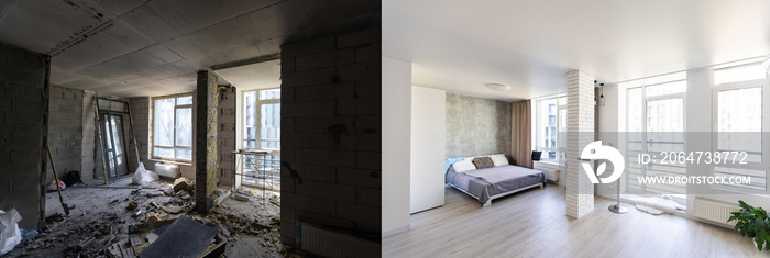 Room with unfinished walls and a room after repair. Before and after renovation in new housing.