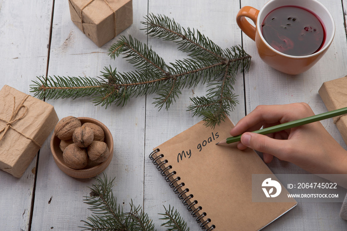 Winter holidays concept - notepad with text  My goals , pencil in hand, nuts, gift boxes, fir branch