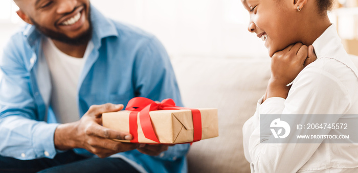 Happy girl receiving gift from father at home