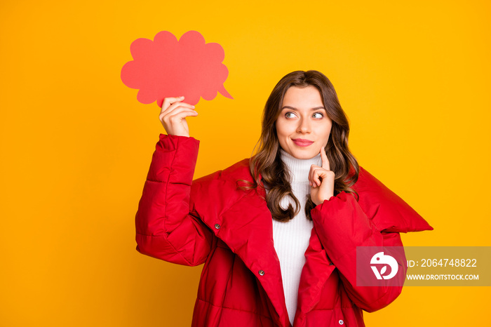 Photo of charming pretty lady holding empty paper cloud have creative idea to fill it finger on chee